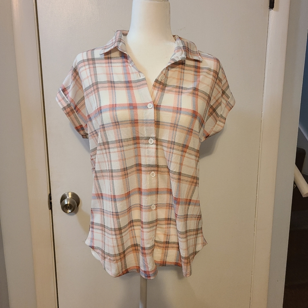Pink, white,  and grey plaid short sleeved button